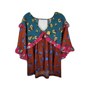 ANTHROPOLOGIE Size X Small colorful Top Ruffle flower tunic blouse boho thermal